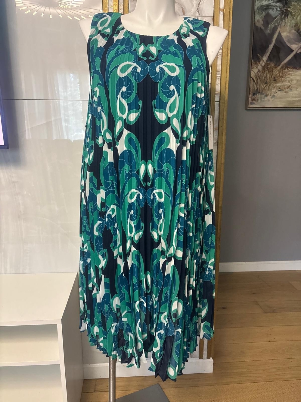 Sleeveless Pleated Swing Dress in Teal & Navy